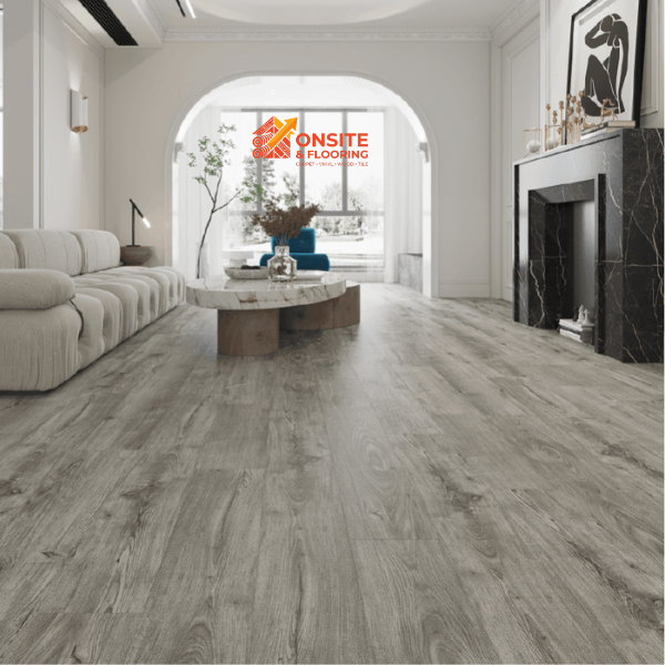 Contemporary luxury living room with premium grey oak vinyl plank flooring